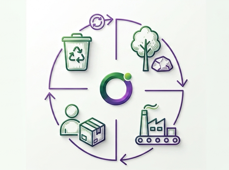 Ilustração do ciclo de vida: recursos naturais, produção, distribuição e reciclagem em ciclo, com a marca Orbe ao centro